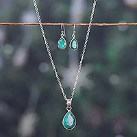 Emerald jewelry set, 'Blissful Emerald' - 18-Carat Faceted Emerald Necklace and Earrings Jewelry Set