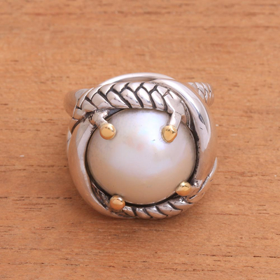 Gold accented cultured pearl cocktail ring, 'Serpent Embrace' - Sterling Silver Gold Accent Serpent Theme Cocktail Ring