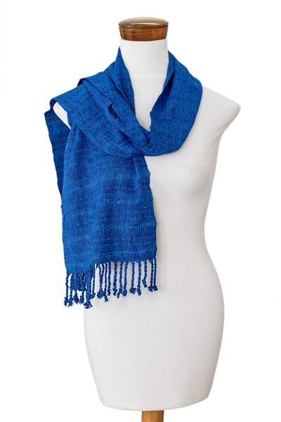 Rayon scarf, 'Blue Reflections' - Fringed Blue Scarf Hand-Woven from Rayon in Guatemala