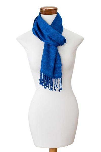 Rayon scarf, 'Blue Reflections' - Fringed Blue Scarf Hand-Woven from Rayon in Guatemala