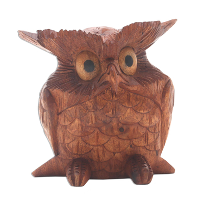 Wood statuette, 'Clever Owl' - Wood Owl Statuette from Bali