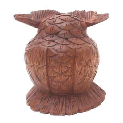 Wood statuette, 'Clever Owl' - Wood Owl Statuette from Bali