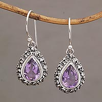 Amethyst dangle earrings, 'Jepun Lilac' - Frangipani Flower Dangle Earrings with Amethyst Gems