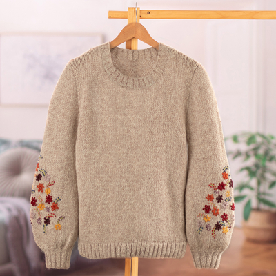 Alpaca blend pullover sweater, 'Floral Warmth' - Beige Alpaca Blend Pullover Sweater with Floral Embroidery