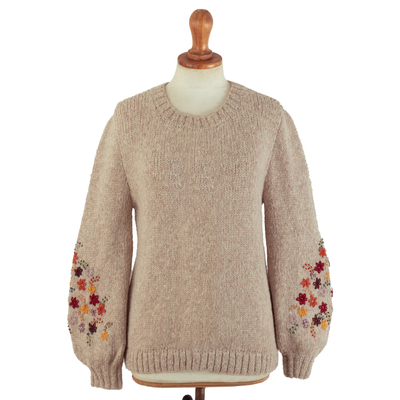 Alpaca blend pullover sweater, 'Floral Warmth' - Beige Alpaca Blend Pullover Sweater with Floral Embroidery
