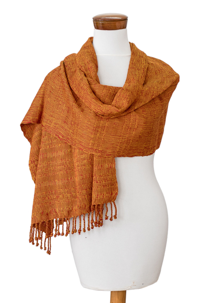 Bufanda de algodón - Bufanda de algodón con flecos texturizada tejida a mano en amarillo y rojo