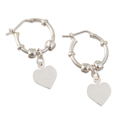 Sterling silver hoop earrings, 'Heart Center' - Polished Sterling Hoop Dangle Earrings