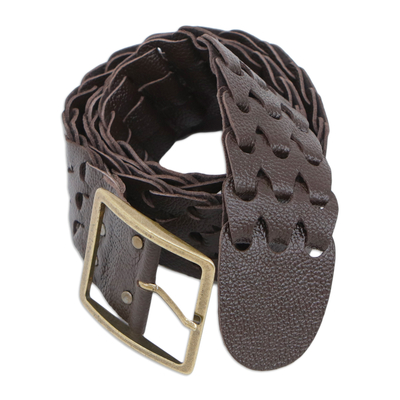 Leather belt, 'Espresso Waves' - Handcrafted Wavy Espresso Leather Belt with Zamac Buckle
