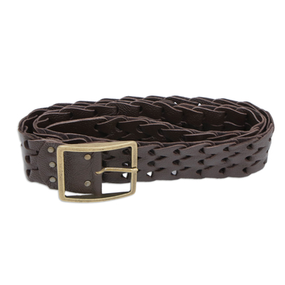 Leather belt, 'Espresso Waves' - Handcrafted Wavy Espresso Leather Belt with Zamac Buckle