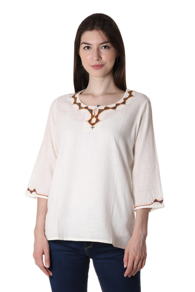 Cotton tunic, 'Infinity Elegance' - Embroidered Cotton Tunic Crafted in India