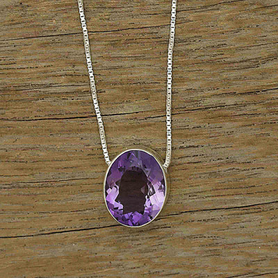 Amethyst pendant necklace, 'Oval Mysticism' - 8-Carat Faceted Amethyst Pendant Necklace from Brazil