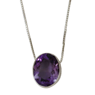 Amethyst pendant necklace, 'Oval Mysticism' - 8-Carat Faceted Amethyst Pendant Necklace from Brazil