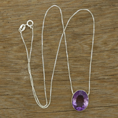 Amethyst pendant necklace, 'Oval Mysticism' - 8-Carat Faceted Amethyst Pendant Necklace from Brazil