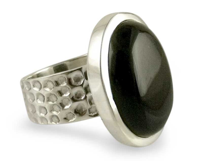 Onyx solitaire ring, 'Perfect Night' - Sterling Silver and Onyx Cocktail Ring