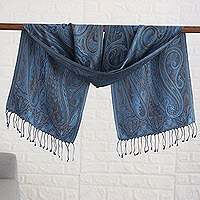 Silk scarf, 'Ocean Paisley Facets' - Paisley and Leafy Cerulean and Redwood Silk Scarf from India