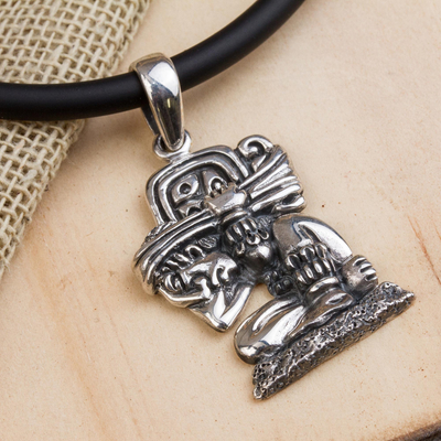 Sterling silver pendant necklace, 'The Carrier of Time' - Mayan Glyph Sterling Silver Necklace with a Rubber Cord