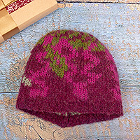 Sombrero de mezcla de alpaca, 'Borgundy Andean Mosaics' - Sombrero de mezcla de alpaca de punto en tonos verde rosa y amarillo burdeos