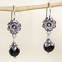 Onyx dangle earrings, 'Natural Affinity' - Floral Earrings with Black Onyx