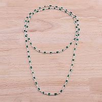 Onyx long link necklace, 'Delightful Gleam' - Green Onyx and Sterling Silver Link Necklace from India