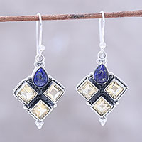 Citrine and lapis lazuli dangle earrings, 'Golden Ocean' - Citrine and Lapis Lazuli Dangle Earrings Handmade in India