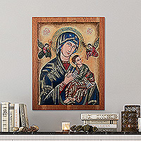 Panel de relieve de cedro, 'Nuestra Señora del Perpetuo Socorro' - Panel de pared de relieve de madera de cedro religioso