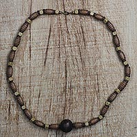 Wood beaded long necklace, 'Gift' - Hand-Beaded Natural Sese Wood Recycled Beaded Necklace