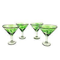 Handblown martini glasses, 'Green Swirls' (set 4) - Set of 4 Handblown Green Martini Glasses