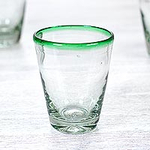 Hand Blown Juice Glasses Clear with Green Rim 9 Oz Mexico, 'Emerald Cone'