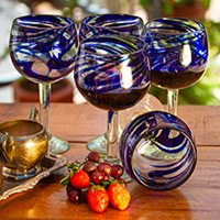 Handblown wine glasses, 'Blue Ribbon' (set of 5) - Handblown Eco-Friendly Wine Glasses in Blue (Set of 5)