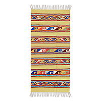 Zapoteken-Wollteppich, „Cycles of Life“ (2,5 x 5) – Mexikanischer geometrischer Teppich auf braunem Zapoteken-Wollteppich (2,5 x 5)
