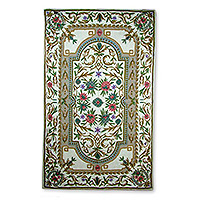 Kashmiri chain stitched rug, 'Palace Mosaic' - Kashmiri chain stitched rug