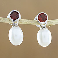 Cultured pearl and garnet dangle earrings, 'Pure Velvet' - Garnet and Cultured Freshwater Pearl Silver Dangle Earrings