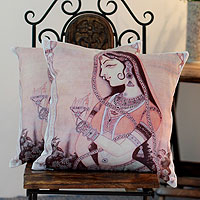 Cotton cushion covers, 'Beautiful Dancer' (pair) - Cotton cushion covers