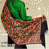 Wool shawl, 'Summer Night in Kashmir' - Embroidered Black Wool shawl