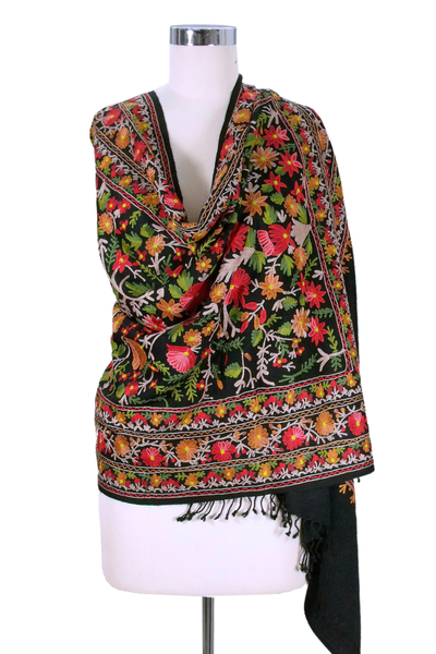 Wool shawl, 'Summer Night in Kashmir' - Embroidered Black Wool shawl