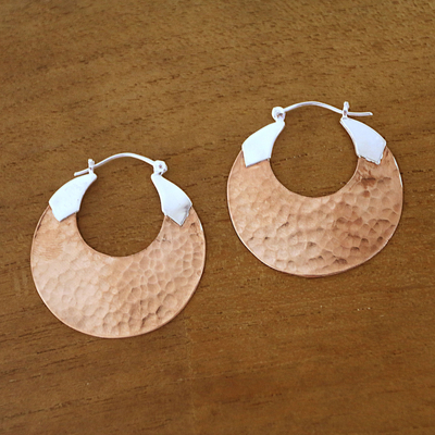 18k rose gold-plated copper hoop earrings, 'Radiant Reflections' - 18K Rose Gold Plated Hammered Copper Hoop Earrings