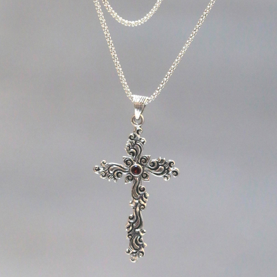 Garnet pendant necklace, 'Balinese Floral Cross' - Hand Crafted Sterling Silver Necklace with Cross Pendant