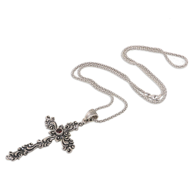 Garnet pendant necklace, 'Balinese Floral Cross' - Hand Crafted Sterling Silver Necklace with Cross Pendant