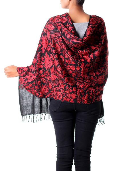 Wool shawl, 'Wild Crimson' - Wool Shawl Embroidered Hand Crafted Wrap 