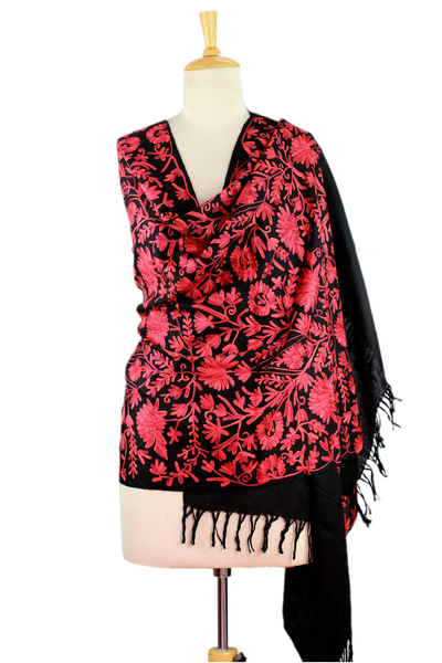 Wool shawl, 'Wild Crimson' - Wool Shawl Embroidered Hand Crafted Wrap 