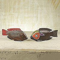 Beaded wood sculptures, 'African Tilapia Fish' (pair) - Beaded Wood Sculptures (Pair)