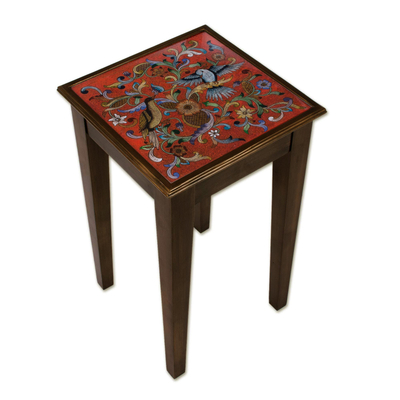 Reverse-painted glass accent table, 'Birds in the Red Skies' - Floral and Bird Motif Reverse-Painted Glass Accent Table