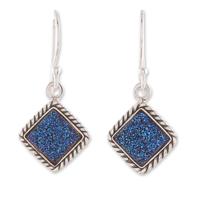 Drusy quartz dangle earrings, 'Unity in Wisdom' - Diamond-Shaped Blue Drusy Quartz Dangle Earrings