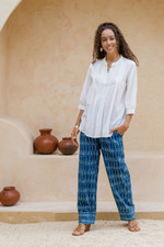 Block-printed cotton pants, 'Blue City' - Hand-Block Printed Diamond-Themed Cyan and Blue Cotton Pants