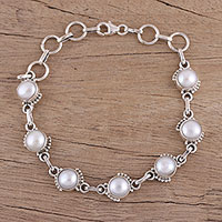 Cultured pearl link bracelet, 'Charming Orbs' - Cultured Pearl and Sterling Silver Link Bracelet from India