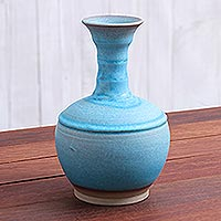 Ceramic vase, 'Sky Flute' - Fluted Ceramic Vase in Blue from Thailand
