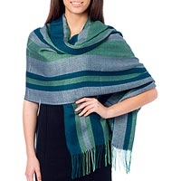 Alpaca and silk shawl, 'River Shadow' - Hand Loomed Striped Alpaca and Silk Shawl from Peru