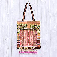 Cotton blend tote, 'Sunny Hmong' - Hmong Hill Tribe Embroidered Cotton Blend Tote from Thailand