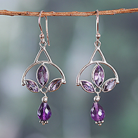 Amethyst dangle earrings, 'Sage's Glamour' - Polished Three-Carat Marquise Amethyst Dangle Earrings