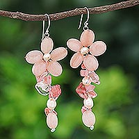 Quartz and cultured pearl dangle earrings, 'Petal Passion in Pink' - Pink Quartz and Cultured Pearl Floral Earrings